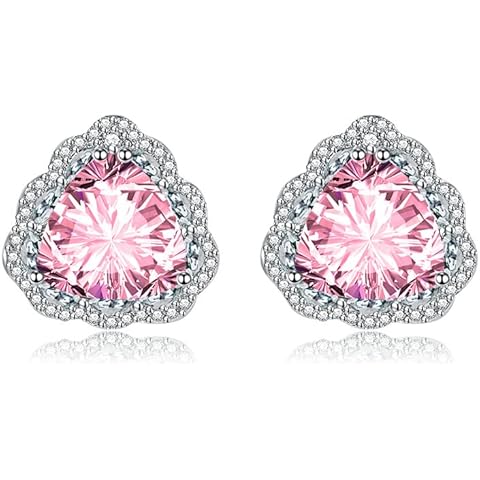 CZ Earrings for Women, Copper Flower with Trillion Shape Cubic Zirconia Pink Stud Earrings Silver Cover