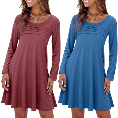 Marvmys Womens 2 Pack Long Sleeve Nightgowns Cotton Sleepshirt Pleated Nightshirt Printed Sleep Dress with Pockets S-3XL X-Large Blue&wine Red