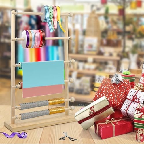 Image of ElasignShopo 6 Tier Wooden Ribbon Rack Large Ribbon Organizer Ribbon Storage Rack Ribbon Dispenser Ribbon Spool Holder for Sewing Craft Mesh Thread Tape Wreath Crochet Roll Craft Florist Wrapping Gift
