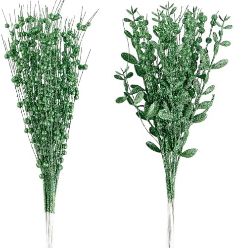 24-Pack Christmas Tree Picks Ornaments, Artificial Glitter Berry Stem Glittery Twigs Ornaments for Christmas Tree Decorations, Small Vase, Holiday, Wedding, Party Decorations (Green)