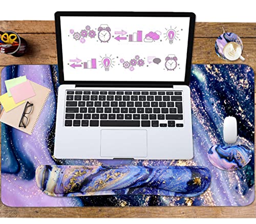 Image of 4-in-1 Large Gaming Mouse Pad, Keyboard Wrist Rest Pad & Wrist Support Mousepad Set, Extended Desk Pad Waterproof Desk Mat for Home Office Study Game - Purple Marble