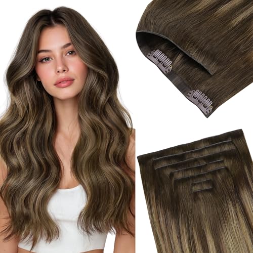 GOO GOO Invisi Edge Clip in Hair Extensions 18inch 130g 7Pcs Injected Seamless PU Clip in Hair Extensions, Virgin Real Human Hair, 4/27/4 Balayage Chocolate Brown to Caramel Blonde