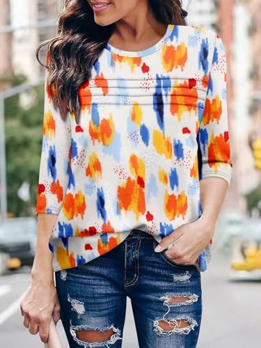 KISSMODA Women's Casual 3/4 Sleeve T-Shirts Round Neck Cute Tunic Tops Basic/Pleated Summer Tops Trendy Spring Blouses