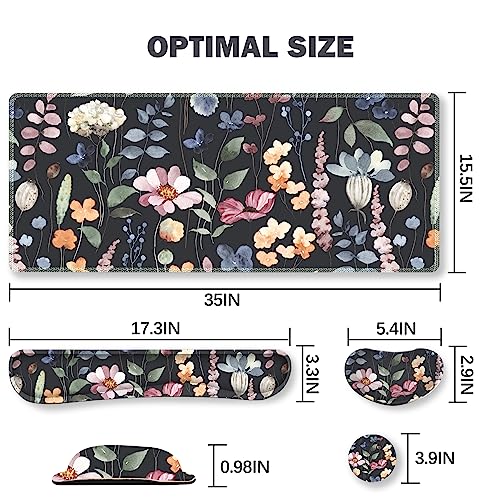 Image of ARTSO Gaming Mouse Pad Wrist Support Set, XXL Large Desk Mat Mousepad + Keyboard Wrist Support+ Mouse Wrist Rest+Coaster 4in1 Ergonomic, Memory Foam, Stitched Edge for Home Office -Flowers Plants