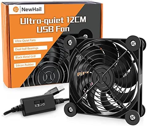 NewHail Cichy wentylator USB 120 mm, podwójne łożyska kulkowe, wentylator USB 5 V, z 3-stopniowym przełącznikiem prędkości L/M/H, przenośny wentylator chłodzący o wysokim przepływie powietrza do