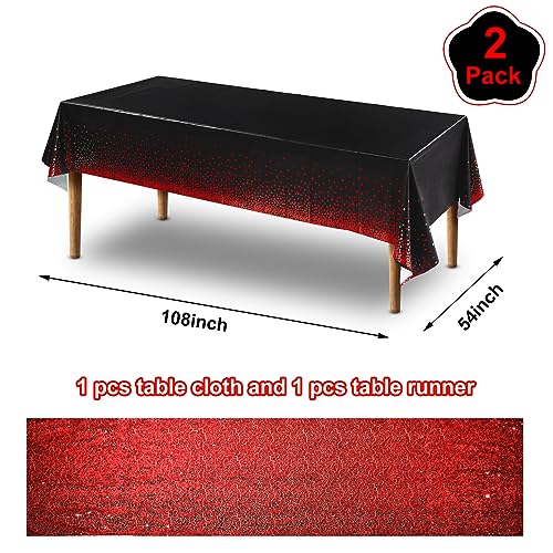 Image of Irenare 2 Pcs Black and Red Tablecloth and Sequin Table Runner Set Polka Dots Confetti Table Cover Dining Plastic Tablecloths Glitter Decorations for Birthday Wedding Anniversary Party Supplies