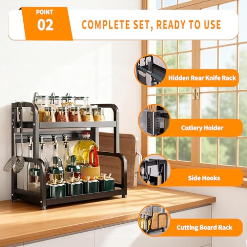 Image of CoolLeaf Kitchen Organizer Rack Steel, ๐-๐๐ข๐๐ซ Spice Rack Organizer With Cutting Board Stand, Cutlery Holder & Hooks, Multipurpose Kitchen Rack Stand for Counter Top Organizer,๐๐ ๐๐ Load-Black