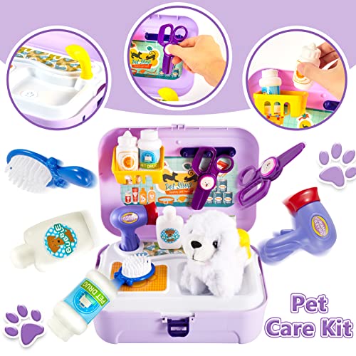HERSITY Kids Vet Kit Dog Grooming Toy Pet Care Role Play Games Animal Dolls Pretend Play Pet Carrier Set Toys 3 4 5 Year Old Girls Boys Children Gifts - Image 5