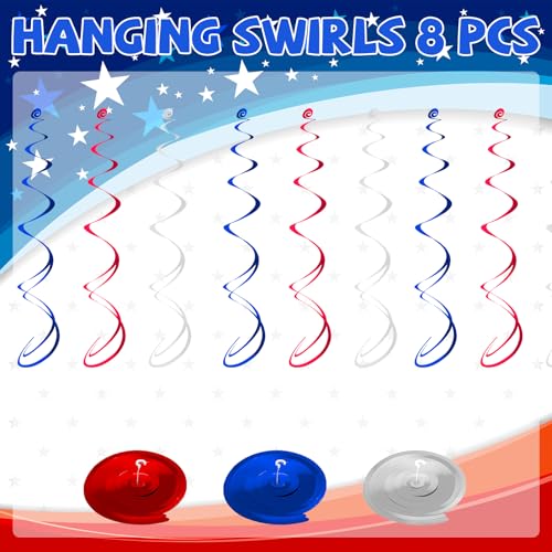 Image of 48 PCS 4th of July Hangings Swirl Decorations, Independence Day Patriotic Party Supplies, No DIY Ceiling Streamers Decor for Holiday Birthday Wedding Veteran Day Tree Red White Blue Decorations