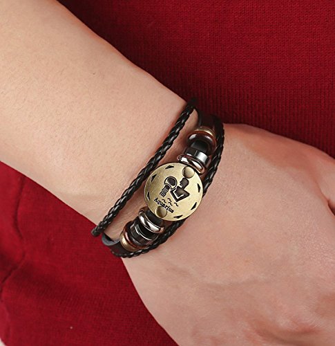 Image of Young & Forever Zodiac Sign Multi-Strand Genuine Leather Bracelet for Men & Boys - Adjustable Tribal Wristband with Antique Metal Charm