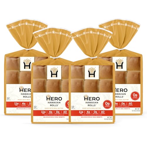 Hero Hawaiian Rolls – Net Low Carb Slider Buns & Dinner Rolls | High Fiber, 0g Net Carbs, 0g Sugar & 60 Calories per Serving Sub Rolls (48 Buns, Pack of 4)