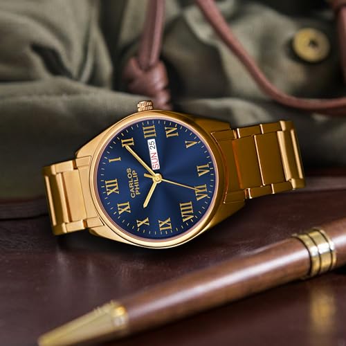 Image of Carlos Philip Men's Roman Numeral Analog Watch - Day and Date Display, Stainless Steel Strap, Quartz Movement, Business Style Watch for Men