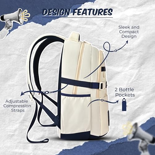 Image of Gear Elegant 19 inch /35L Large Water Resistant School Bag | Casual Backpack | Daypack | Travel Backpack | Kids Bag for Boys /Girls (Beige - Navy)