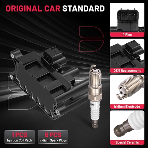Image of BDFHYK 1 Ignition Coil Pack DG485 and 6 Iridium Spark Plug 3689 Compatible with Ford 01-04 Ranger,01-06Taurus; Compatible with Mazda 2001 B3000; Mercury 2001 03-05 Sable Coil for FD498 1F2Z-12029-AC