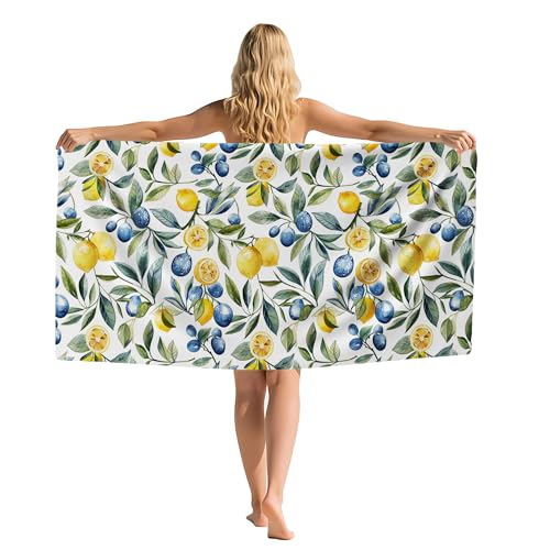 Gnmduw Mediterranean Lemon Beach Towel, Mediterranean Sicilian Lemons Sand Beach Towels Gifts for Women, Chinoiserie Blueberry Lemon Quick Dry Bath Pool Towels for Bathroom Swimming Pool,30x60 Inch