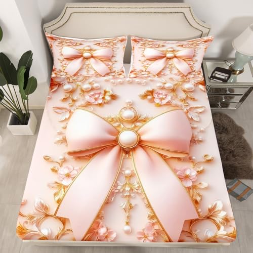 Erosebridal Royal Pink Bowknot Bed Sheets Princess Butterfly Knot Bow Tie Twin Fitted Sheet, Romance Dreamy Sheets for Kids Girls Dreamy Floral Sheets for Bedroom Decor, 2 Pieces