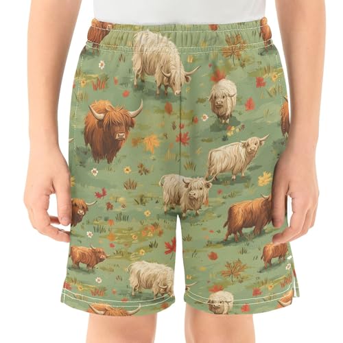 Highland Cattle Maple Leaves Boys Active Basketball Shorts Lightweight Summer Sports Shorts with Pockets for Kids2