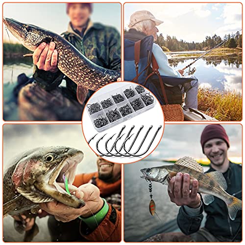 600 Stück Angelhaken, 10 Größen, Karbonstahl, Angelhaken mit Widerhaken, Meeresfischhaken mit Kunststoffboxen, Ösen… – Bild 7