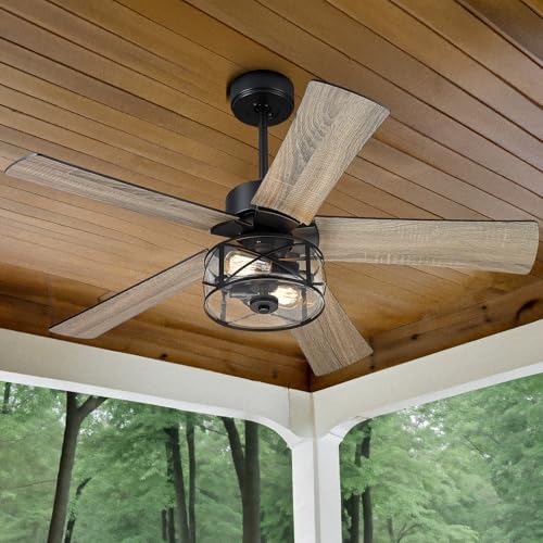Image of YOUKAIN 48-Inch Farmhouse Ceiling Fan with Light & Remote, Clear Glass | 5 reversible black and wood blades, quiet operation for bedrooms and living rooms
