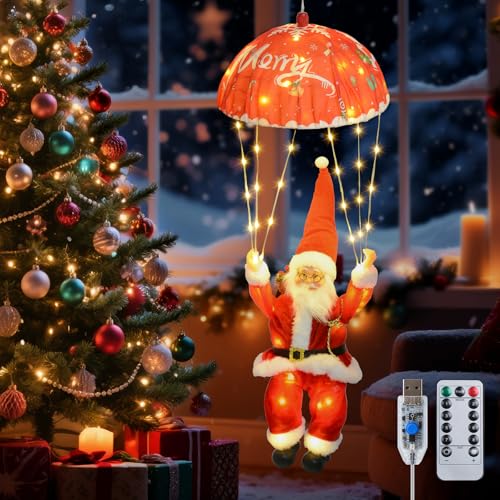Qoosea Fallschirm Weihnachtsmann Lichterkette USB 88 LED mit...