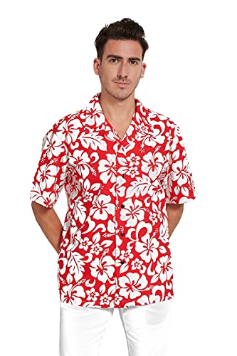 Image of Couple Matching Hawaiian Luau Men Shirt and Women Vintage Fit and Flare Dress in Classic Vintage Hibiscus