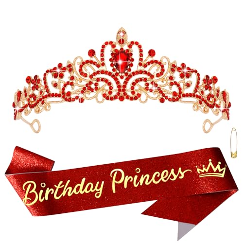 Atoden Red and Gold Birthday Decorations Crown and Sash Set for Girls Princess Tiara Queen Crown for Women Crystal Rhinestone Headband for Party Cosplay Outfits Gifts