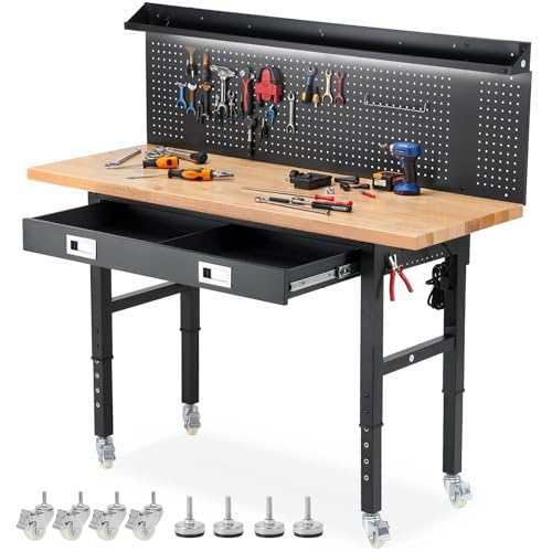 Workbench with Wheels Adjustable Height Rubber Wood Tabletop