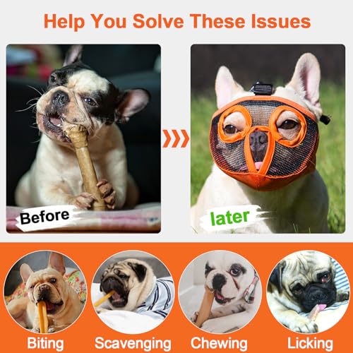 Image of Short Snout Dog Muzzles- Adjustable Breathable Mesh Bulldog Muzzle for Biting Chewing Licking Training Grooming Dog Mask (Orange, Small /9 inch-12 inch)