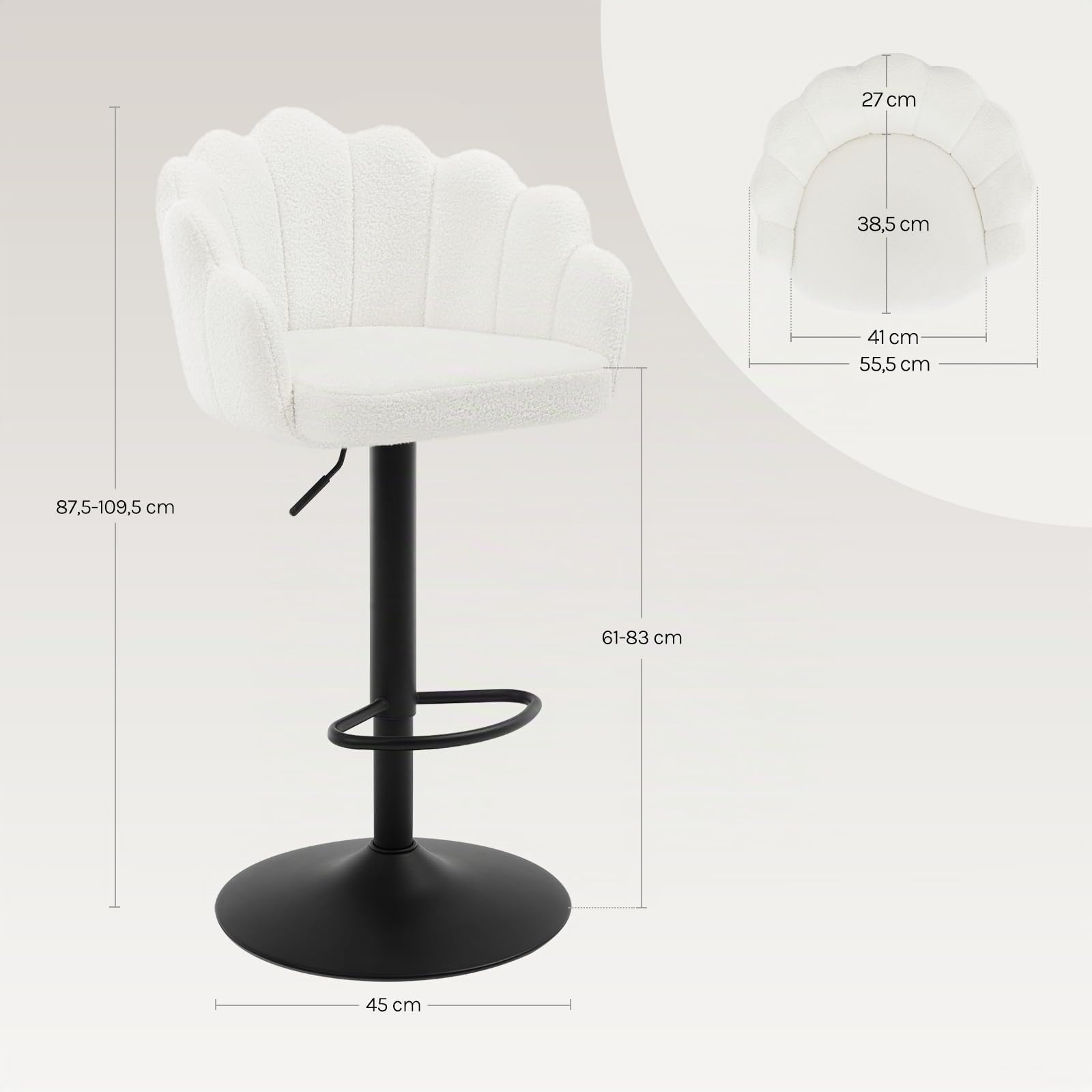 WOLTU Tabourets Bar, Lot de 2, Chaise Haute Bar, Réglable en Hauteur, Dossier en Forme de Pétale, Assise Pivotante en Velours Teddy, avec Repose-Pieds et Cadre en Métal, Beige