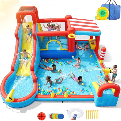 Inflatable Water Slides, 18-in-1 Bounce House Water Park with Long Slide, Basketball Hoop, Splash...