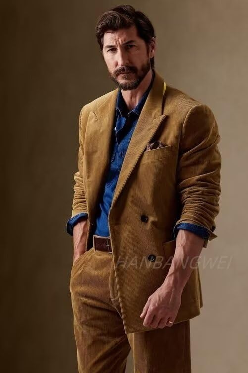 Mens Casual Corduroy Suit 2 Piece Regular Fit Double Breasted Suit Men Wedding Prom Corduroy Blazer Pants Set2