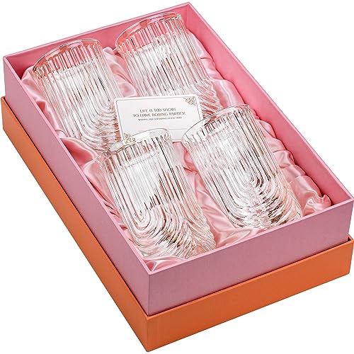 Vintage Art Deco Highball Gatsby Cocktail Glasses | Set of 4 | 14 oz Double HiBall Glassware for Drinking Mojito, Gin Rickey, Whiskey Highball, Classic Long Bar Drinks | Large Tall Tumblers