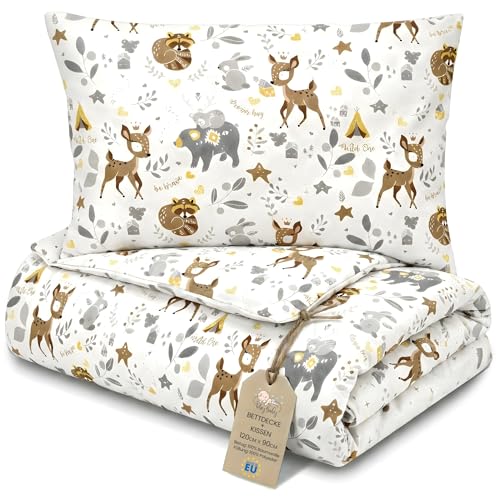 Totsy Baby Couette Enfant en Coton 90x120 Couverture pour Bebe Parure Duvet pour lit bébé 90 x 120 cm et Oreiller 60 x 40 cm Oeko-Tex Cerf