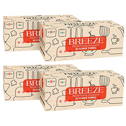 BREEZE BRE036 Kitchen Towel Extra Multipurpose Use Tissue Paper Made of Natural Fibers Soft & Highly Absorbent (Pack of 4, White, Rectangular box)