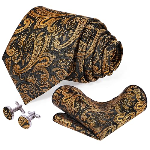 Image of 5PCS Tie and Pocket Square for Men, Silk Necktie and Handkerchief Cufflinks with Gold Ring and Lapel Pin Set