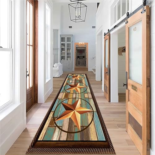 ZCLRUG Vintage Runner Rug, 2x7ft, Texas Retro Style Wooden Board Stars Rustic, Rustic Farmhouse Western Non-Slip Floor Rug, Machine Washable Hallway Door Mat Entry Mat for Living Room Kitchen