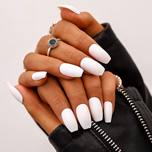 Woeoe Matte Coffin Press on Nails White Long Acrylic Fake Nail Clips False Nails for Women and Girls (Pack of 24)