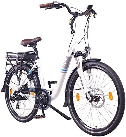 NCM Munich Electric City Bike, 350W Powerful Hub Motor, Large Capacity Removable Lithium Battery (36V 13Ah), Disc Brake, 7 Speed Gear, (White, 26”/28” Wheels), 20-40+ Miles