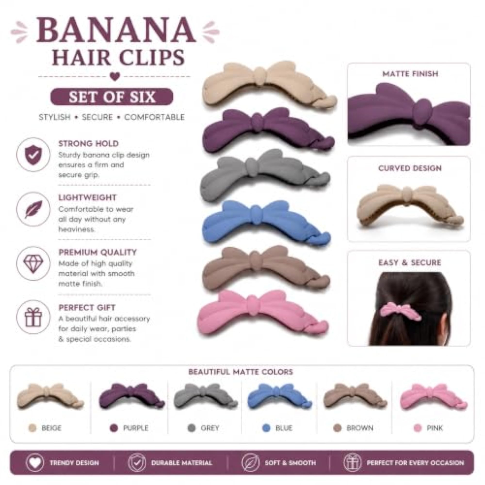 Matte Banana Hair Clips Set of 6 Assorted Colors