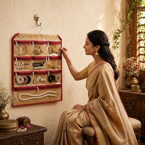 Image of Wall Hanging Jewellery Organizer with 9 Transparent Zipper Pouches