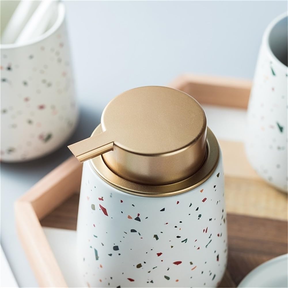Juego de Accesorios de baño de 4 Piezas: dispensador de jabón espumoso de cerámica con decoración rústica en Blanco, Soporte for Espuma y Cepillo de Dientes/Vaso, Bandeja.