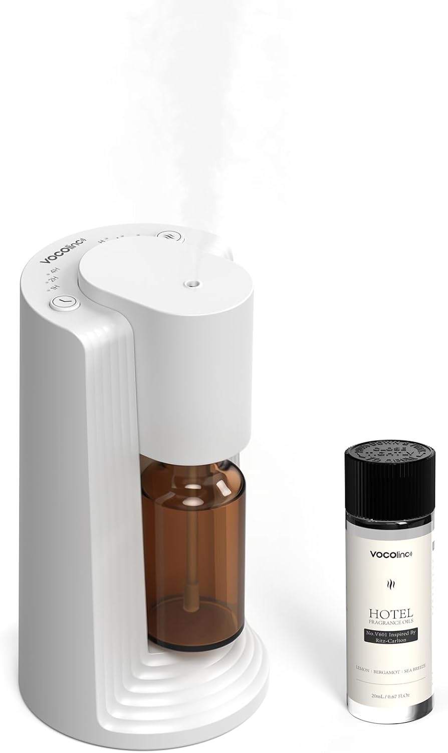 VOCOlinc Waterless Diffuser Starter Kit with 20mL Hotel Fragrance Oil, Battery Operated Nebulizer, 4 Timers ＆ 3 Mist Levels, Mini Scent Air Machine for Home, Room, Car, Office (White)