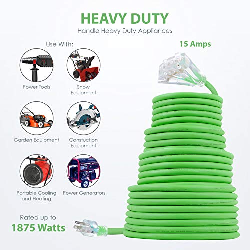 50 FT 10/3 Outdoor Extension Cord - Rubber, Flexible, Triple Outlet, Green Wire with Live Power Light Indicator. 15 Amp