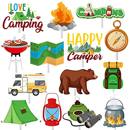 36Pcs Camping Party Cupcake Toppers Camper Themed Cupcake Toppers Sticks Happy Camper Birthday Party Cake Decorations For Adventurer Baby Shower Supplies #TOP11