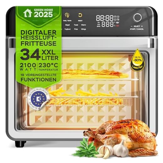 TurboTronic Multi-Smart-Ofen - 19in1 Heißluftofen & Heißluftfritteuse 2100W Power 34L bis 0,5 kg Pommes Mini-Backofen mit Dörrfunktion 40-230°C Grill Airfryer Dörrautomat