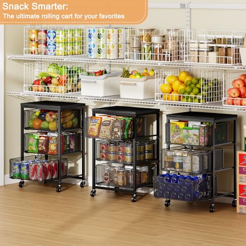 Pantry Organizer and Storage Cart, 3-Tier Kitchen Storage Cart with Drawer, Fruit Vegetable Storage Cart with Wheels, Wooden Top Metal Wire Kitchen Organizer Rack Stand for Food Snack Onion Potato by Yociyoga - Used condition - Image 4