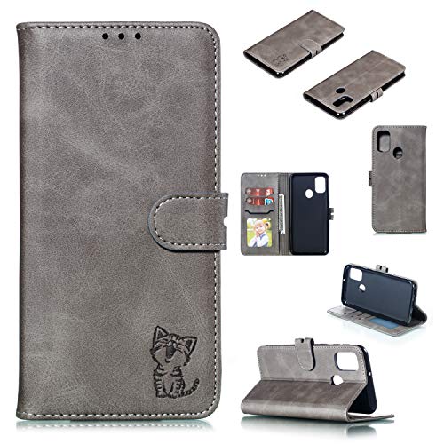 Robinsoni Case Compatible with Samsung Galaxy M30S Retro Leather Wallet Cover with Card Holder Slots Cat Printed Folio Flip Book Cover TPU Silicone Inner Case Kickstand Magnetic Closure Case, Gray