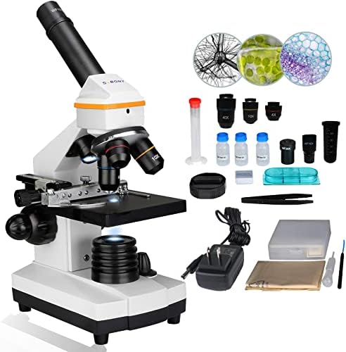SVBONY SV601 Microscope for Kids Beginners Children Students 40X-1600X, Microscope Kit with15 Slides, 18 Cover Glass, 2X Barlow Lens, Science Experiment Kits for School Education Home Laboratory