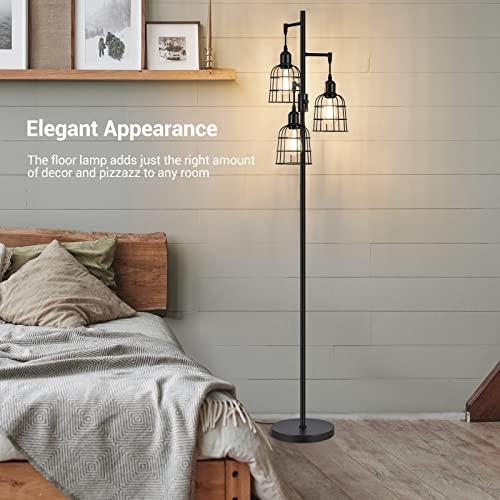 EDISHINE Dimmable Industrial Floor Lamp with 3 Edison Bulbs and Birdcage Shades for Living Room and Bedroom