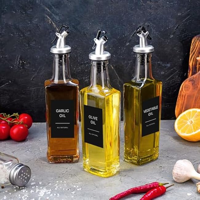 50 Oil and Vinegar Labels for Bottles,Preprinted Condiments Label Stickers for Organizing Oil Dispenser Bottles, Black Matte Minimalist Oil Jar Labels